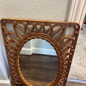 Vintage Woven Rattan Oval Wall Mirror - Brown